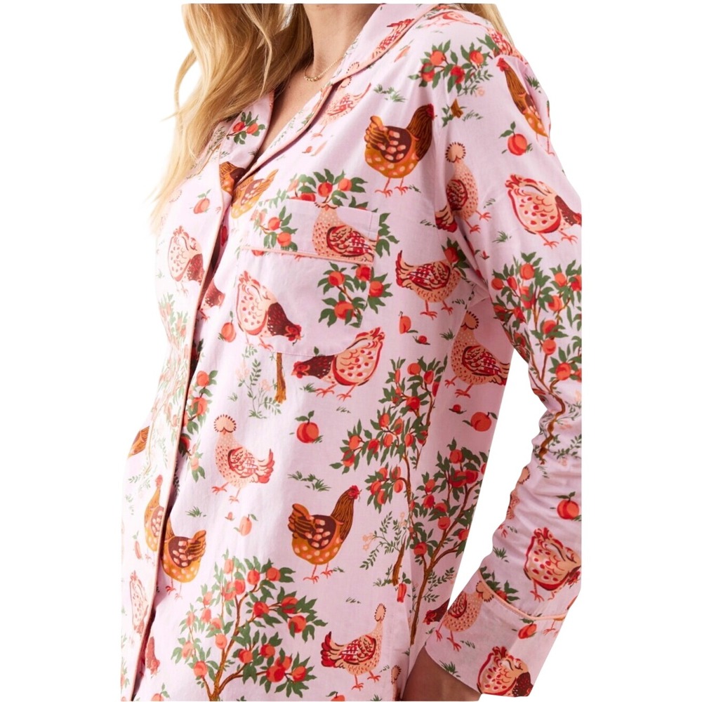 Printfresh Pink Chicken & Orchard-Print Pajama Top sz small anthropology iconic